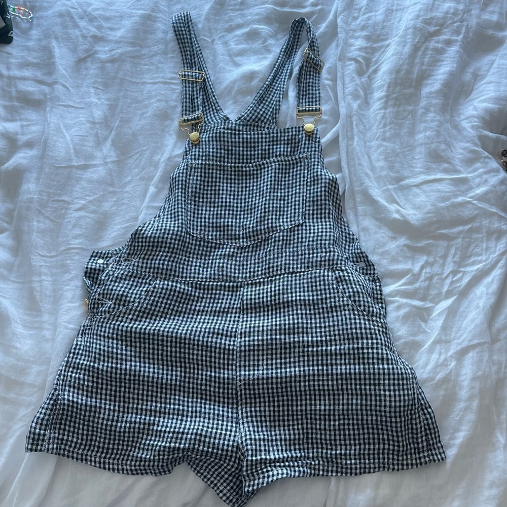 Weworewhat Gingham Linen Romper Medium black and white